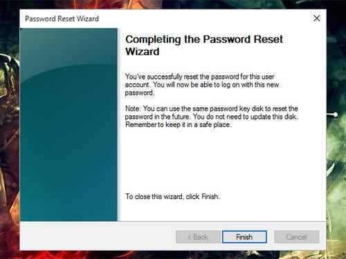 completing the password reset wizard in windows 10 laptop
