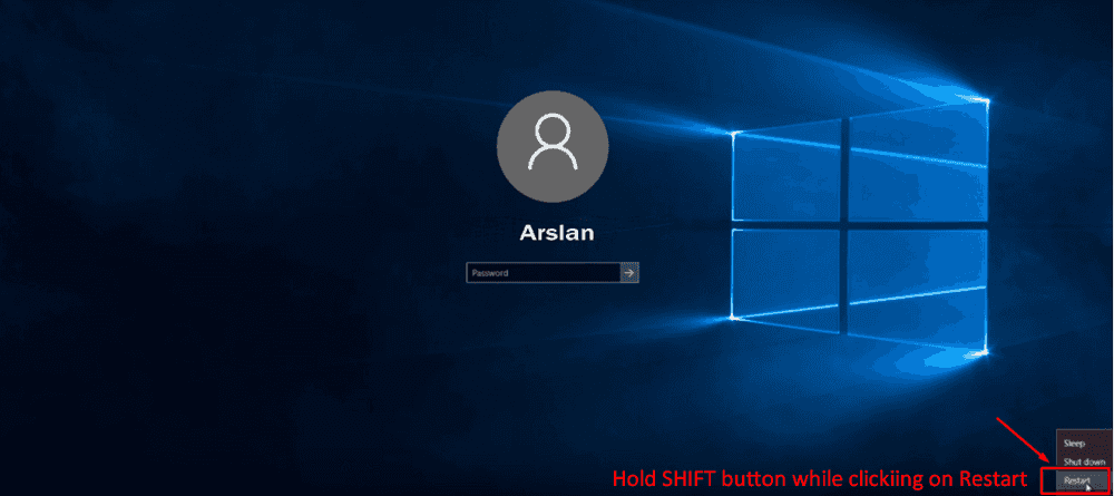 hold shift button while clicking on restart