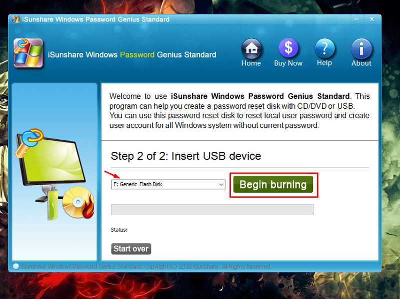 begin burning Windows 7 password reset disk