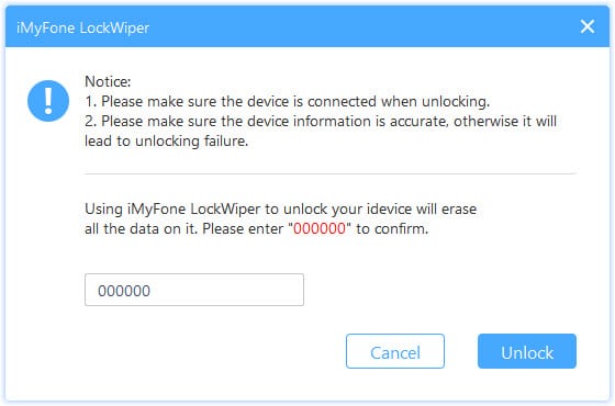 iMyFone LockWiper fill in 000000 to confirm