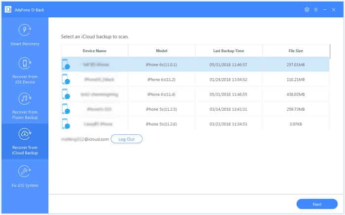 iMyFone D-Back - select the icloud backup file