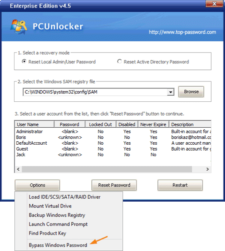 PCUnlocker’s Bypass Windows Password option