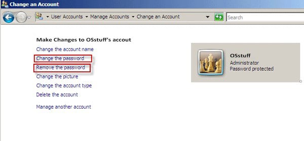 change or remove password in user accounts of windows vista