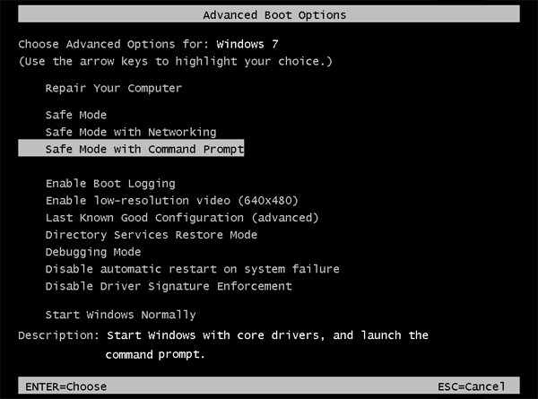 safe mode with command prompt in windows 7 laptop