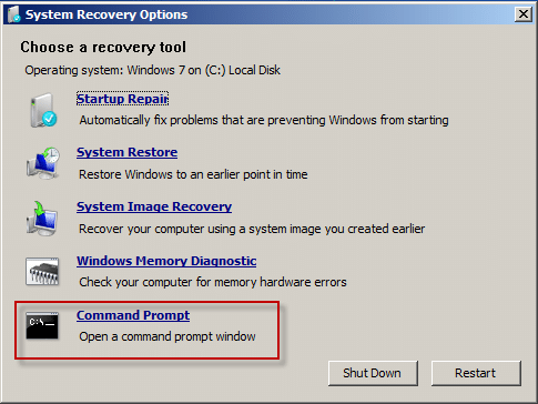 select command prompt in system recovery option of windows vista