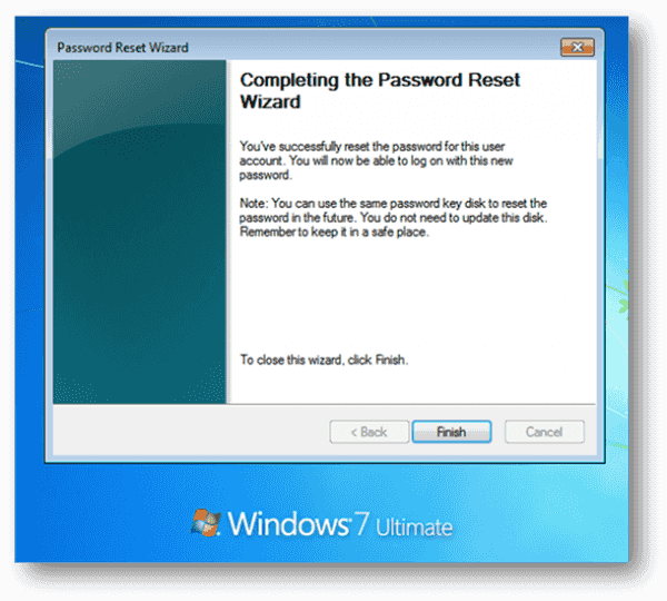 completing password reset wizard in windows 7