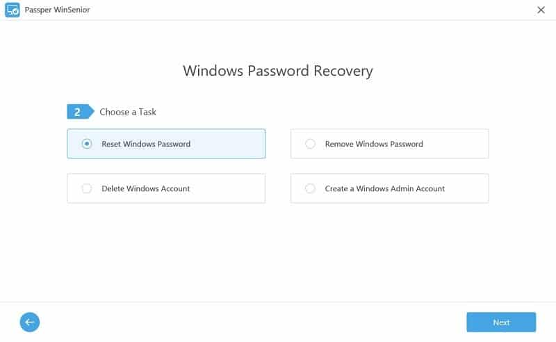 reset windows password option auswählen