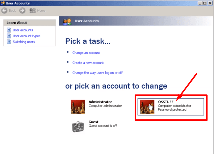 pick an account to change in safe mode of windows xp