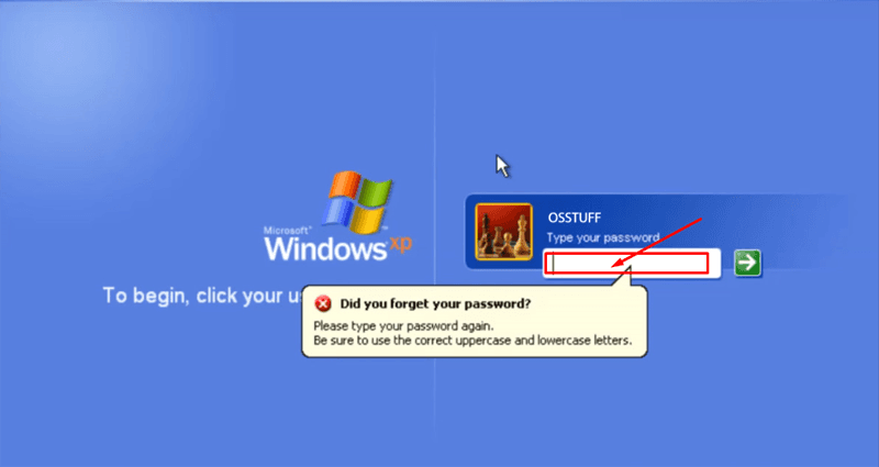 type previous password in windows xp
