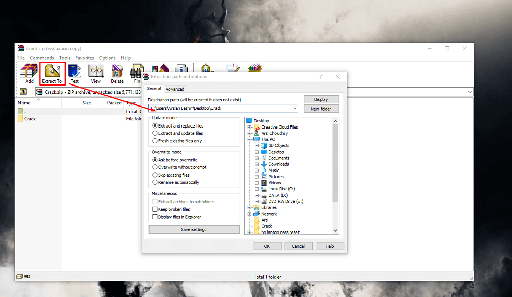 winrar extract to option