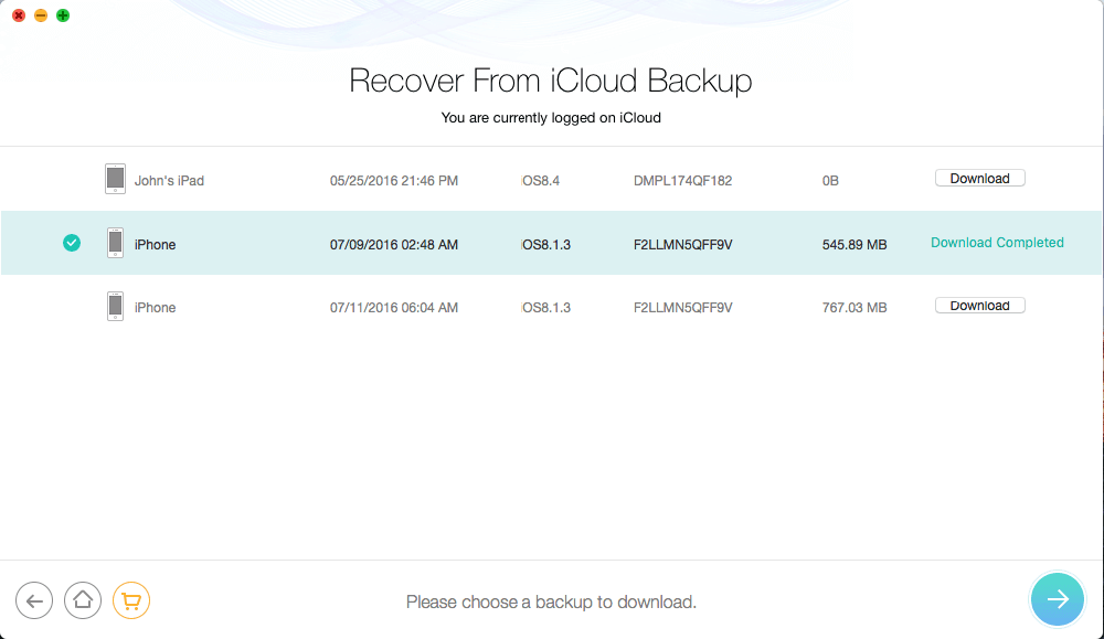 phonerescue recover from icloud select icloud backup