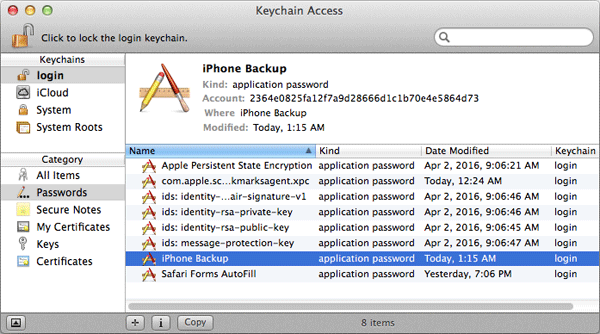 keychain access find iphone backup password