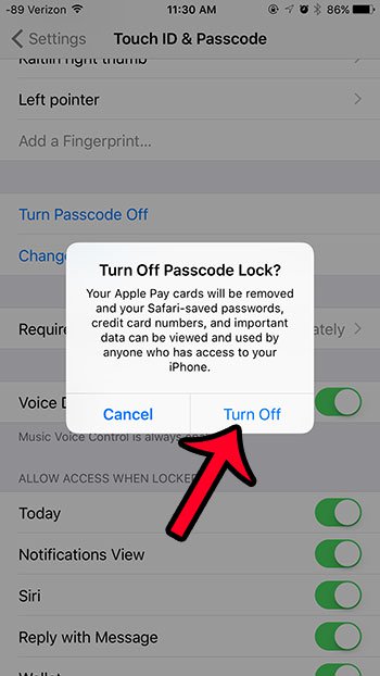 confirm to turn off passcode lock