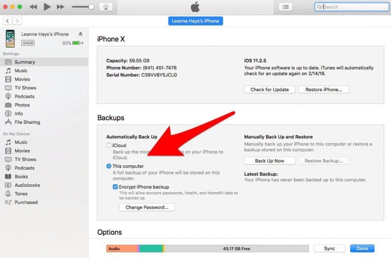change backup references from icloud to pc in itunes