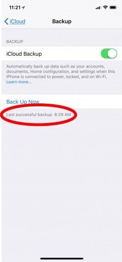 check the time of the last icloud backup
