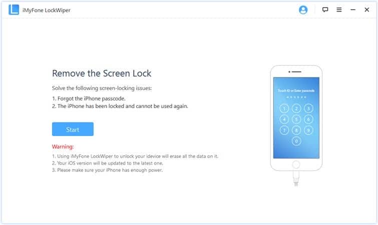 iMyFone LockWiper tap start to remove screen passcode