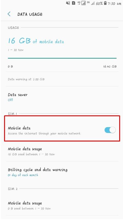 check android data connection from settings