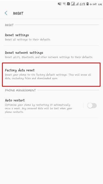 factory reset to fix the android data connection problem