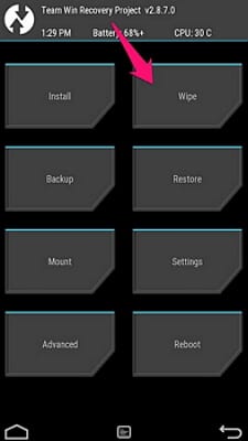 boot android phone to twrp mode and click wipe