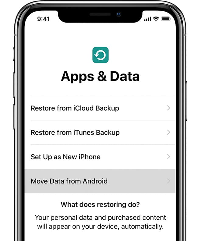 Select Move to Data from Android from App and Data