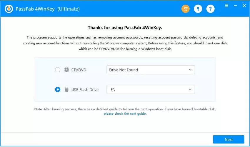 PassFab 4WinKey choosing boot disk media for dell laptop
