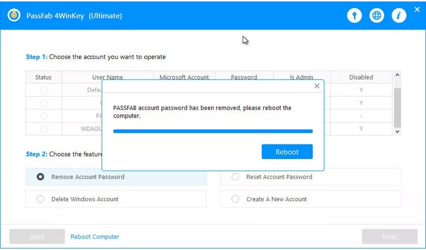 PassFab 4WinKey Successfully Removed Account Password