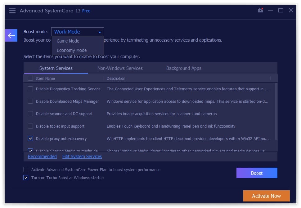 Advanced SystemCare – turbo boost settings
