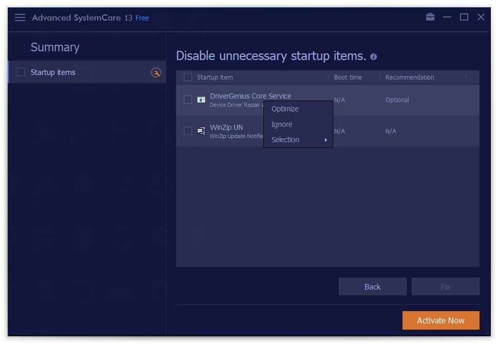 Advanced SystemCare – optimize startup items