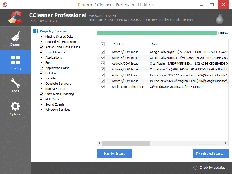 CCleaner software registry tab