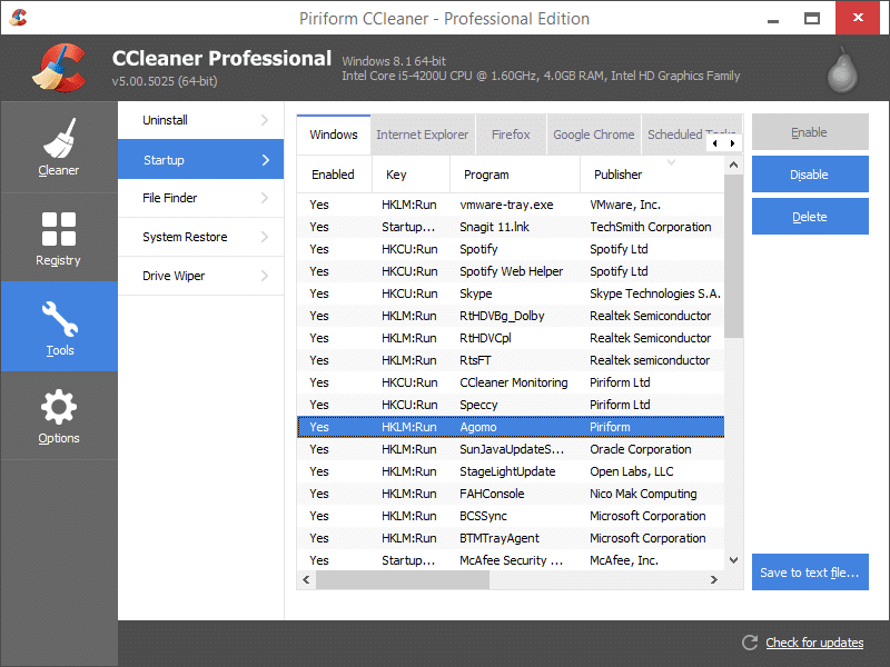 Ccleaner software tools tab