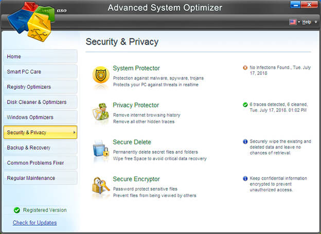 Systweak Advanced System Optimizer security & privacy tab