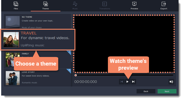 Movavi Video Editor – pick a theme for a quick video