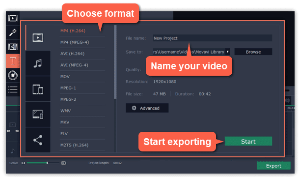 Movavi Video Editor – export video settings