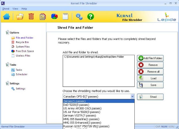 Kernel File Shredder – pick the desired deletion method